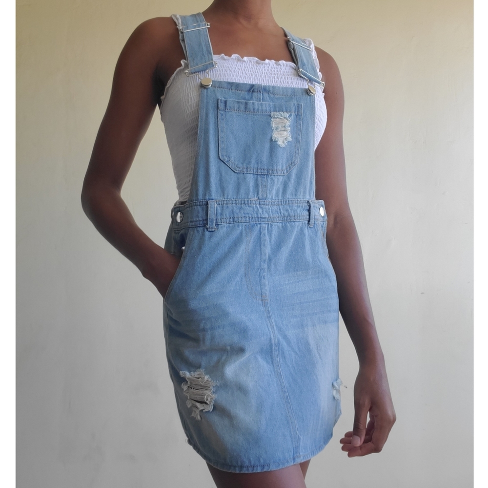 J for Justify Dress Distressed Overall Denim Mini